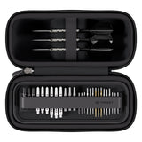 Black carrying case with darts and accessories on a white background