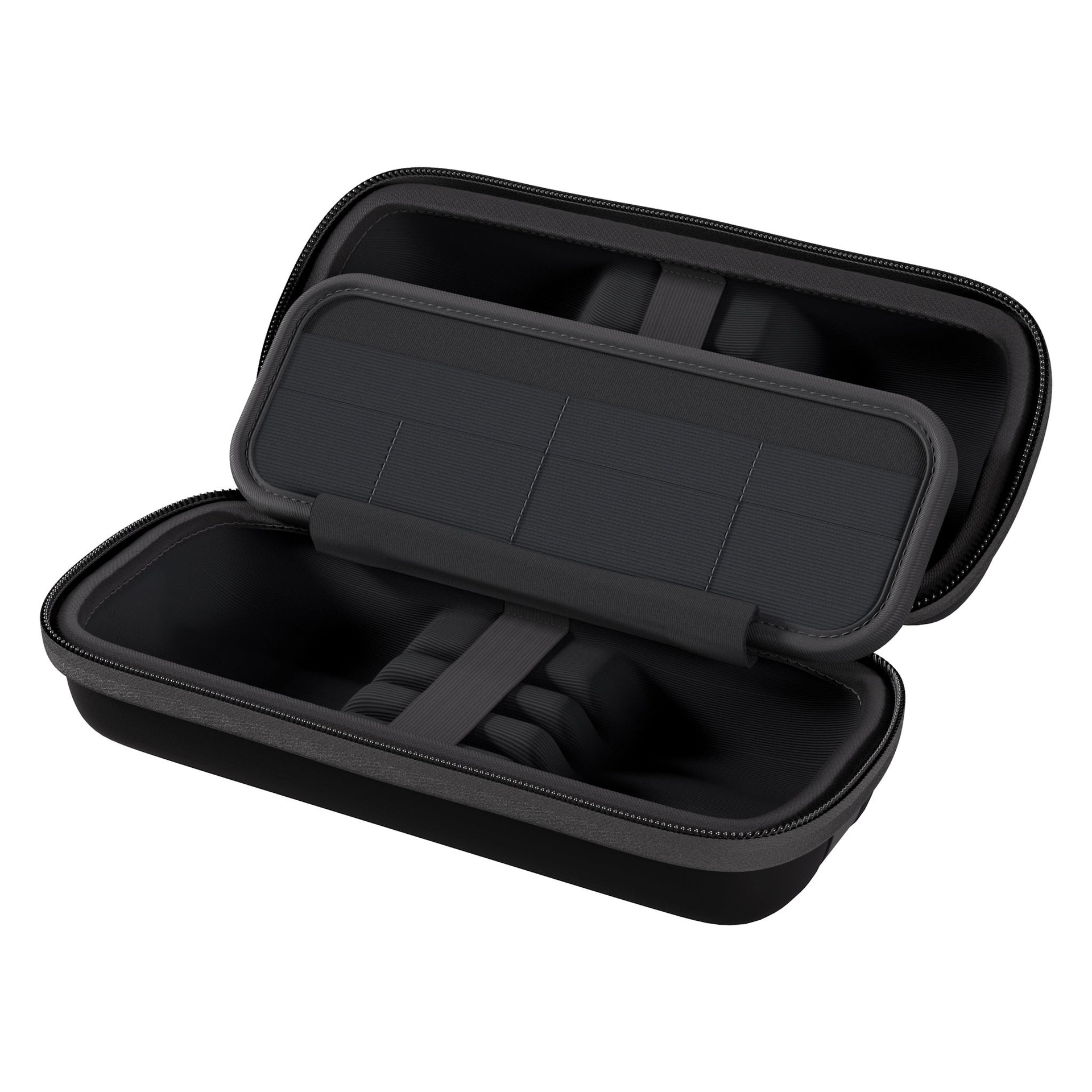 Black hard-shell carrying case with a lid open on a white background