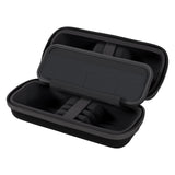 Black hard-shell carrying case with a lid open on a white background