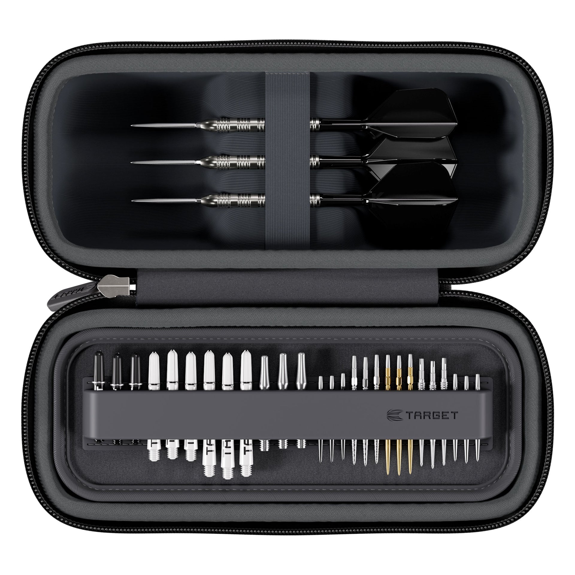 Black dart case with darts and accessories on a white background