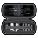 Black dart case with darts and accessories on a white background