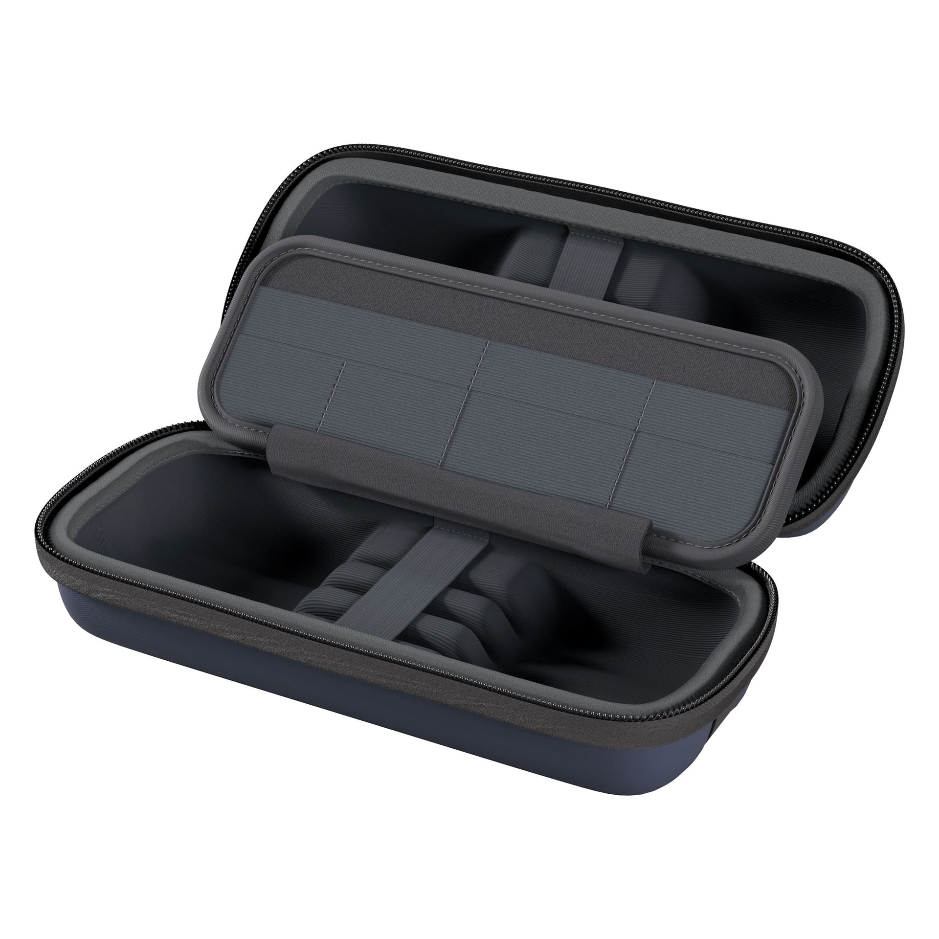 Black carrying case with open lid on a white background