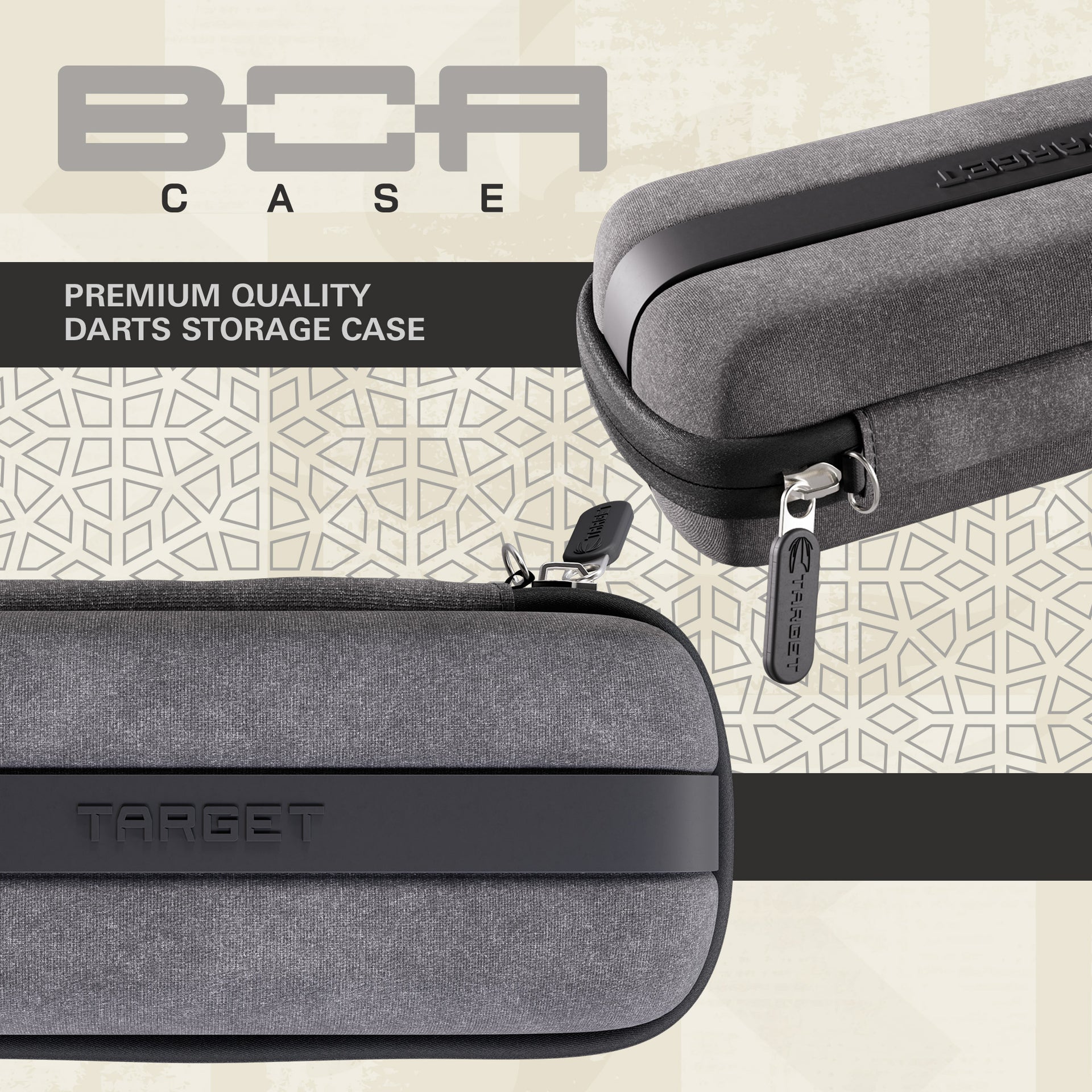 Gray darts storage case with 'Target' branding on a geometric patterned background