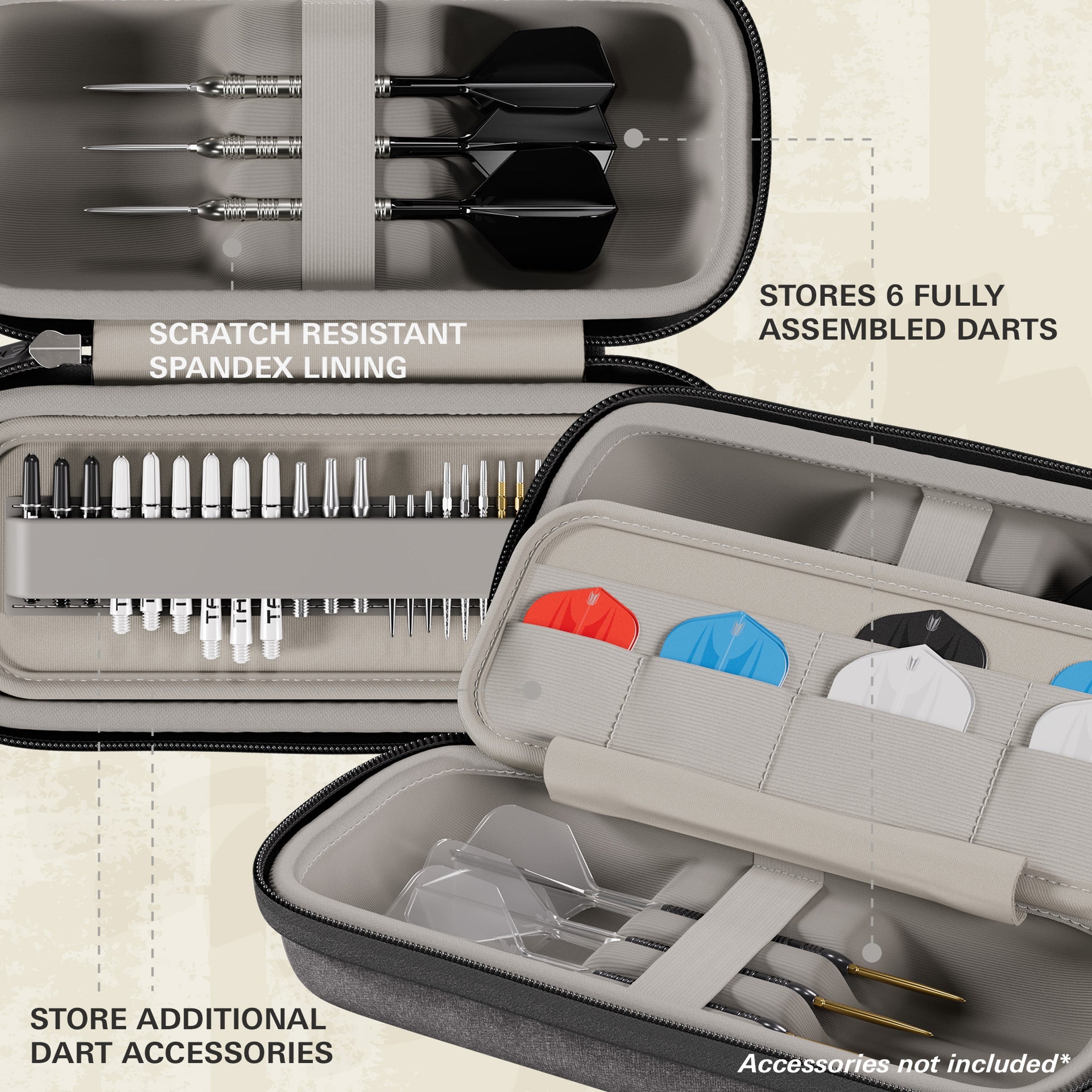 Dart case with compartments for darts and accessories on a beige background