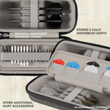 Dart case with compartments for darts and accessories on a beige background
