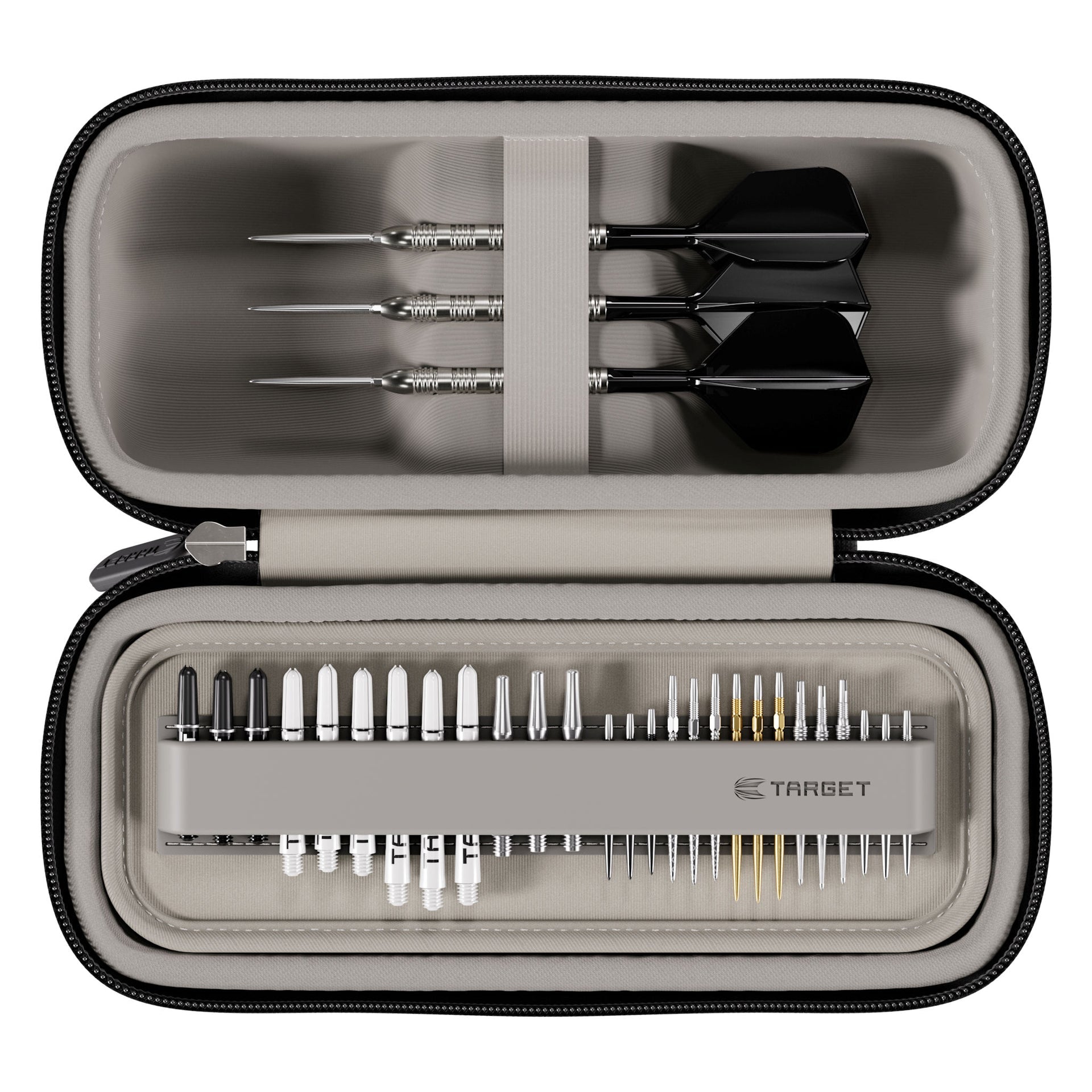 Open dart case with darts and accessories on a white background