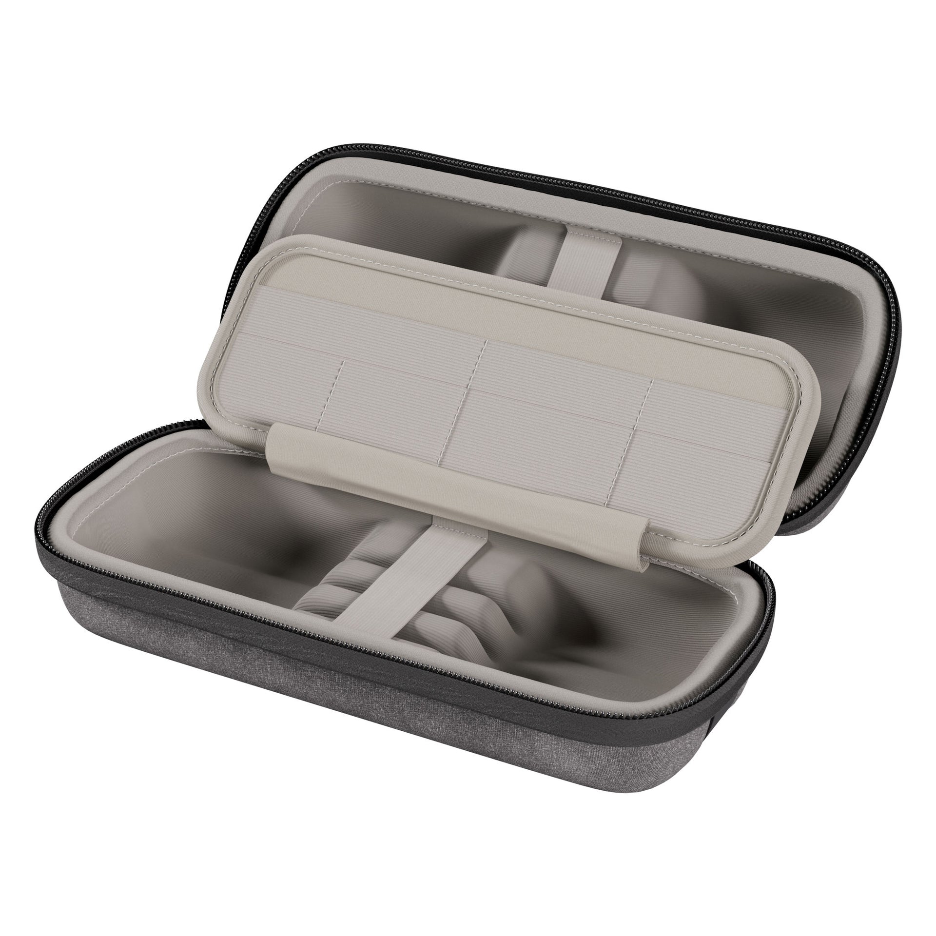 Gray earbud case with open lid showing earbuds inside on a white background