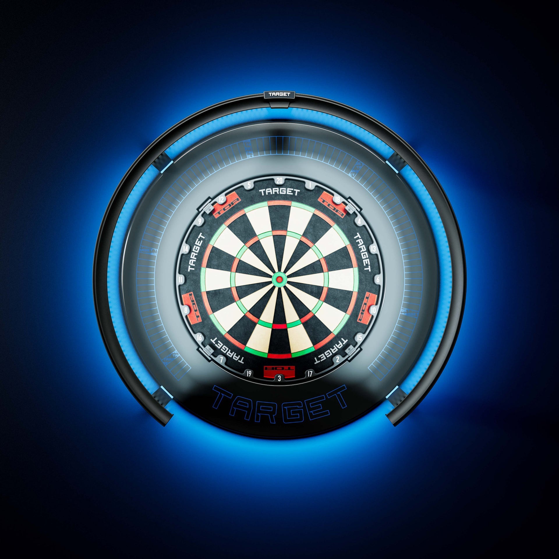 A Target Corona Vision 2 Light with a glowing blue surround and illuminated target face, centered on a dark blue background. The board has black, white, red, and green scoring sections with the brand name TARGET visible near the center and bottom.