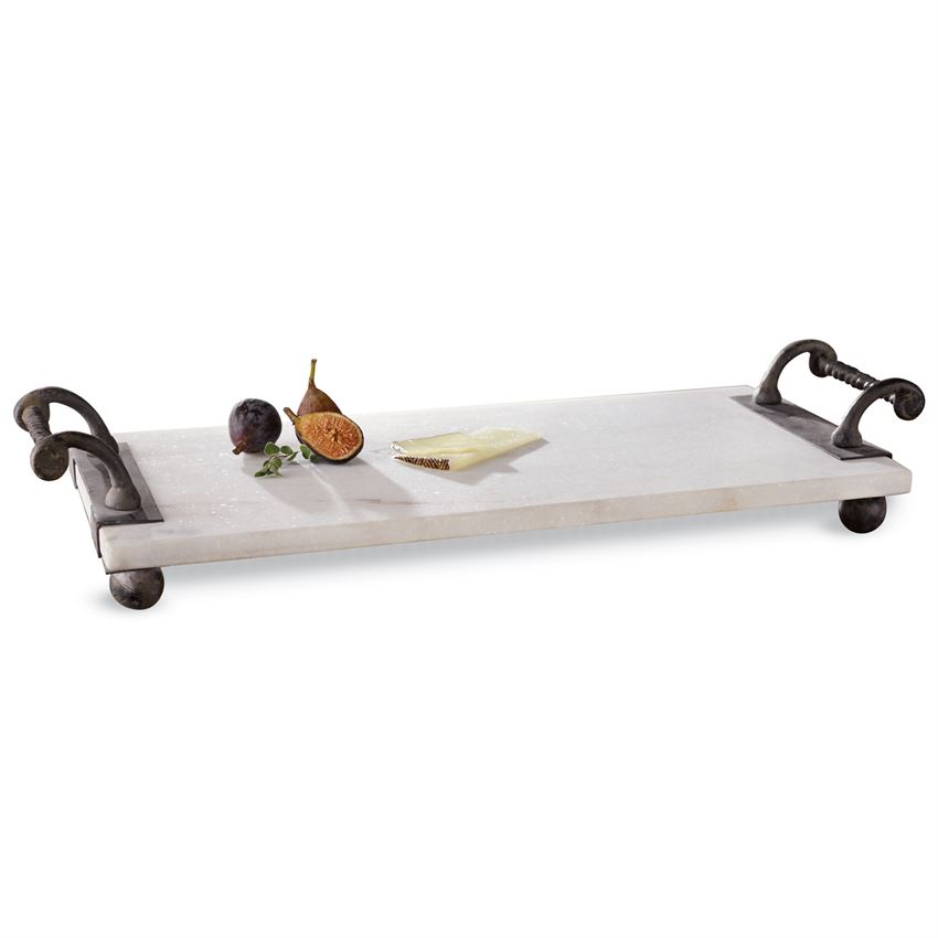 Twisted Handle Marble Board with cast iron twisted handles and ball feet for serving and chilling food