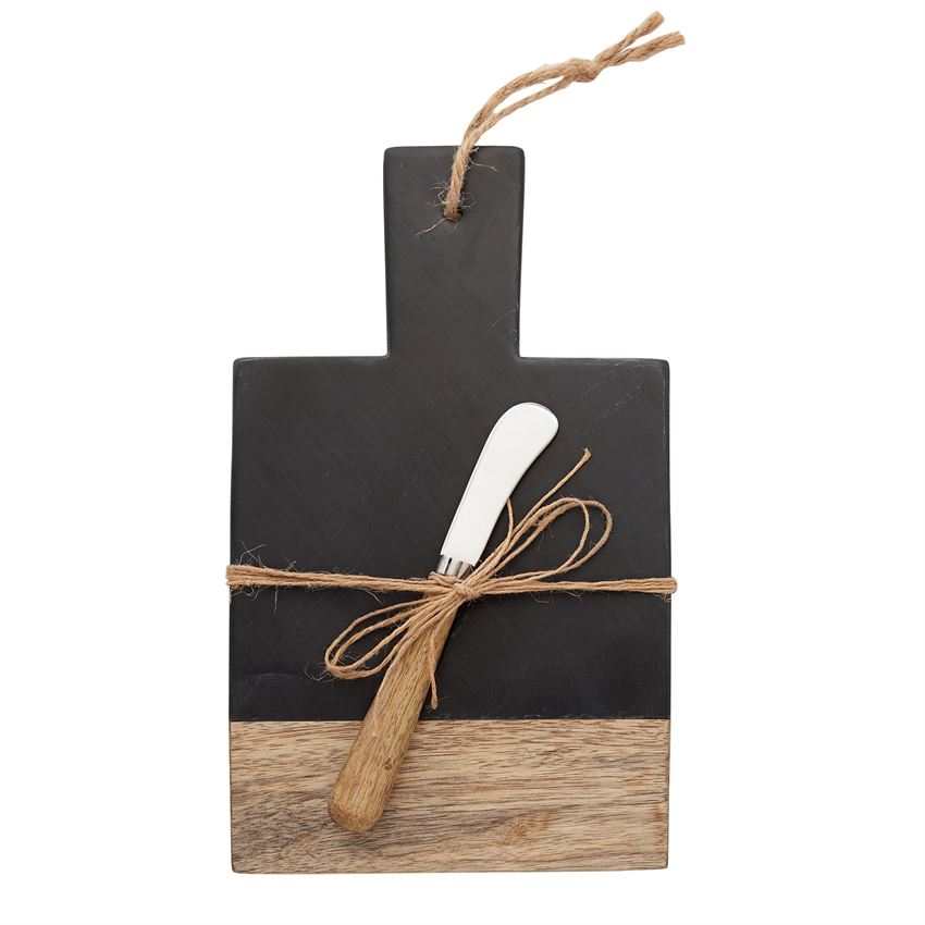 Slate and wood cutting board with jute rope detail and metal spreader with wooden handle