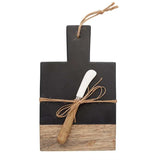 Slate and wood cutting board with jute rope detail and metal spreader with wooden handle