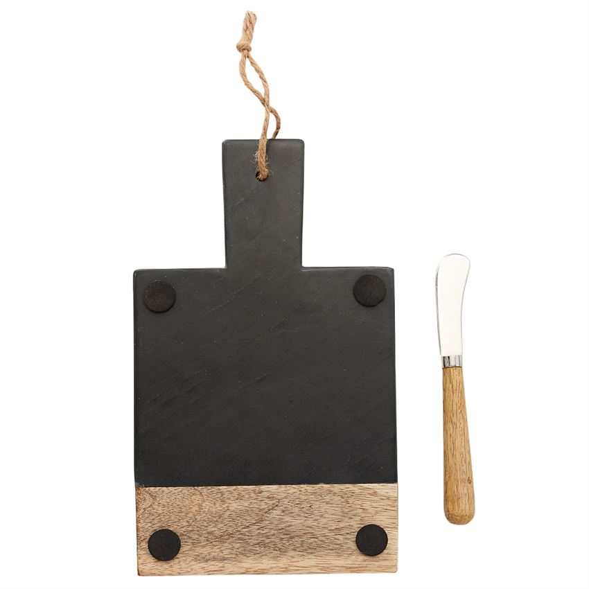 Slate & Wood cutting board set with paddle design, jute rope detail, and metal spreader with wooden handle