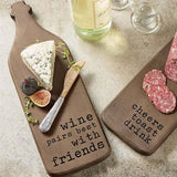 Mango wood bar board set with printed toast sayings and mango wood spreader with hammered metal handle