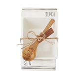 Ceramic snack dish set with "CRUNCH" and "NUTS" text, gray stripes, wooden spoon, and faux leather "SHARE" tag