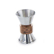 Stainless steel jigger shot glass with mango wood detail engraved with "Bottoms Up" sentiment