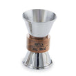 Stainless steel jigger shot glass with mango wood detail engraved with "Down the Hatch" sentiment