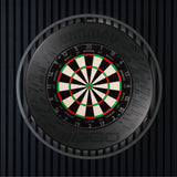 Dartboard with a black and white design on a dark textured background
