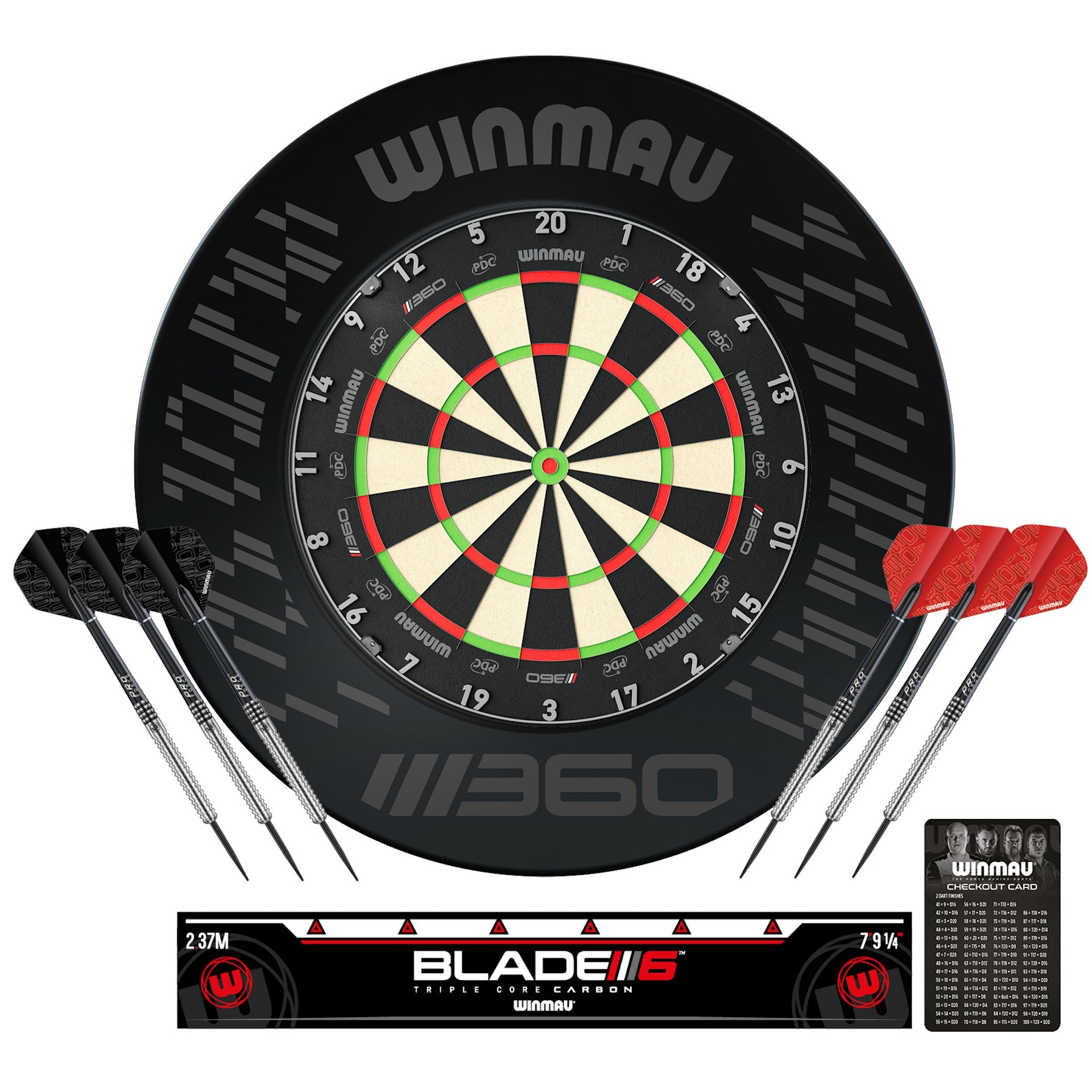 Winmau Blade 360 Surround Set showing Blade 360 dartboard, black 360 surround, 2 sets of tungsten darts, oche strip and checkout card on white background.