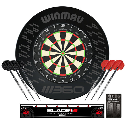 Winmau Blade 360 Surround Set showing Blade 360 dartboard, black 360 surround, 2 sets of tungsten darts, oche strip and checkout card on white background.
