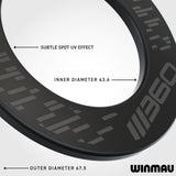 Close-up of a Winmau dartboard 360 surround with measurements and branding.