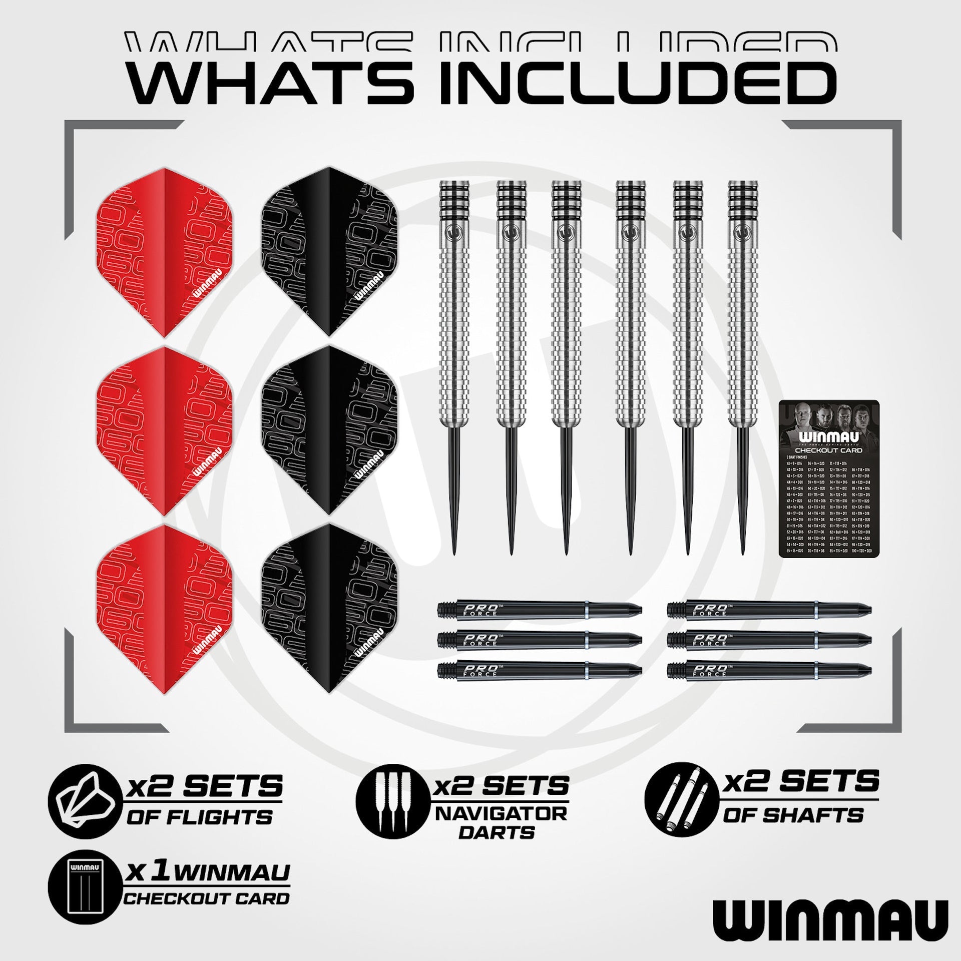 Winmau dart set with flights, darts, and shafts on a white background