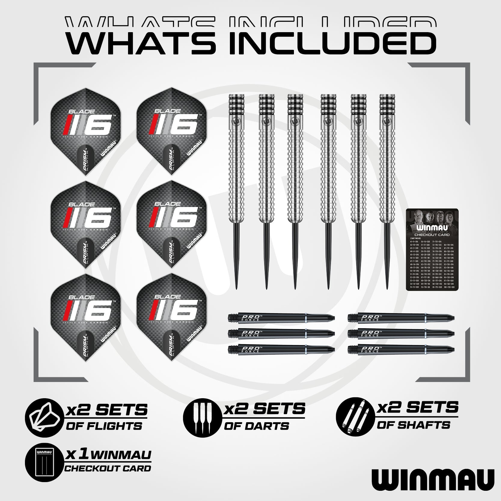 Winmau dart set with flights, 90% tungsten darts, and shafts on a white background
