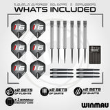 Winmau dart set with flights, 90% tungsten darts, and shafts on a white background