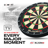 Winmau Blade 6 Triple core dartboard with PDC branding on a promotional graphic.