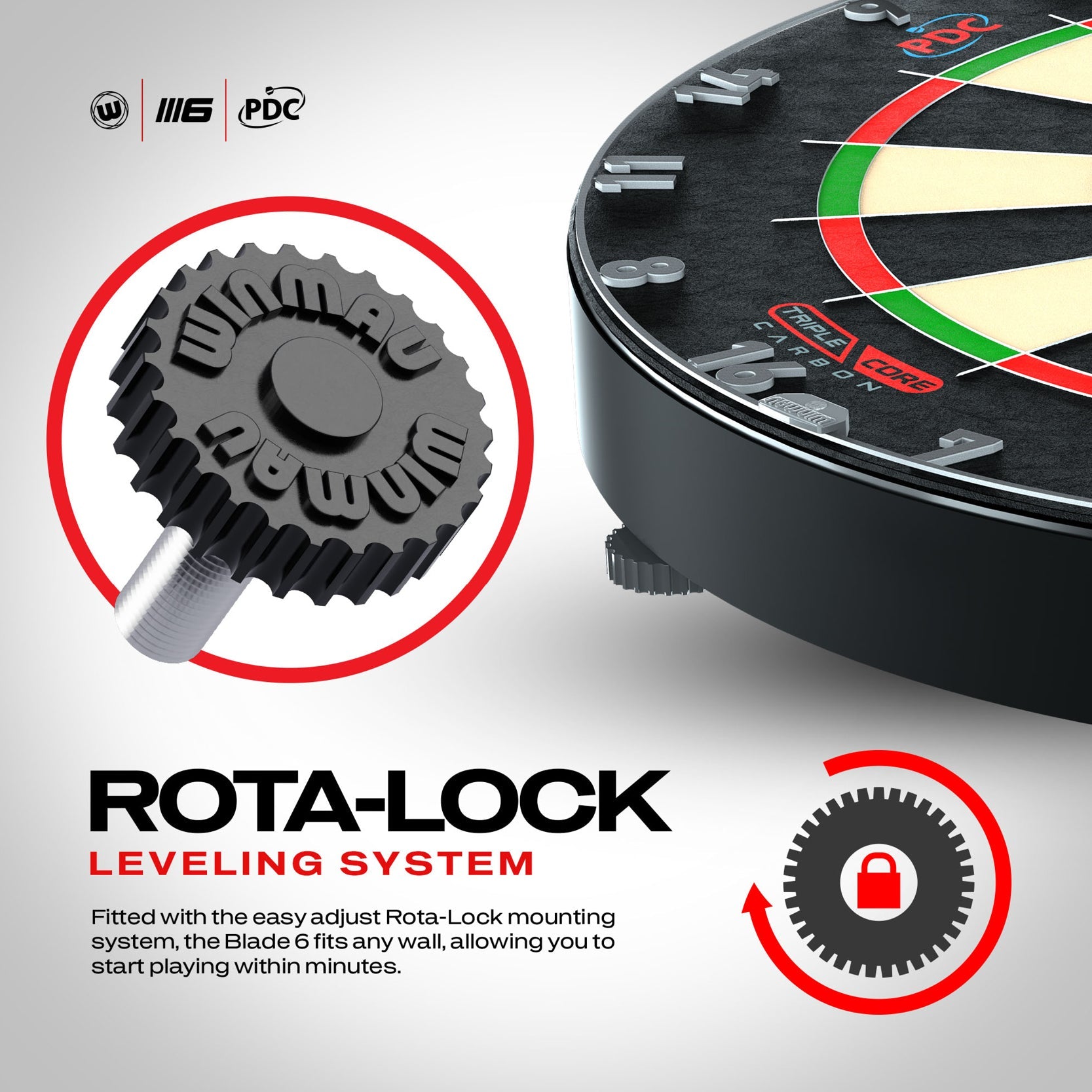 Dartboard with Rota-Lock leveling system on a white background