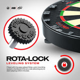 Dartboard with Rota-Lock leveling system on a white background