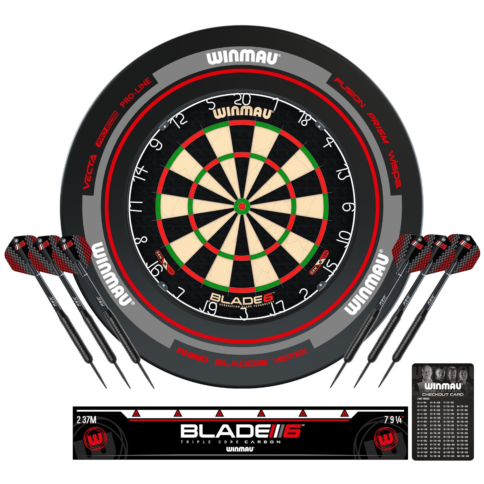 Winmau Blade 6 dartboard, surround with darts and accessories on a white background