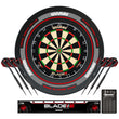 Winmau Blade 6 dartboard, surround with darts and accessories on a white background