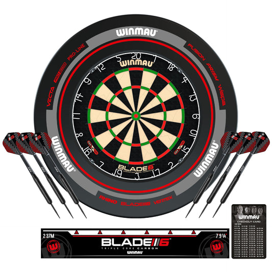 Winmau Blade 6 dartboard, surround with darts and accessories on a white background