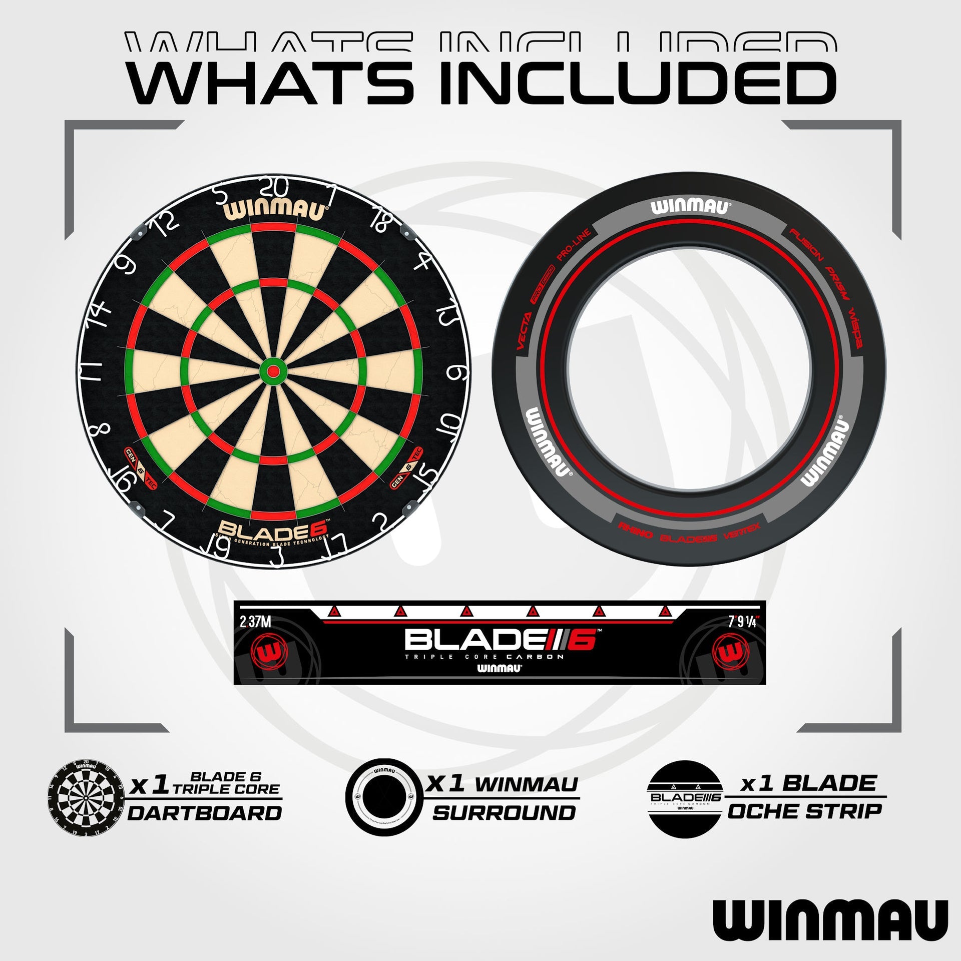 Winmau Blade 6 dartboard set with components on a white background