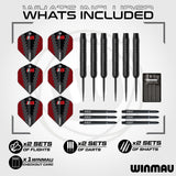 Winmau dart set with flights, darts, and shafts on a white background