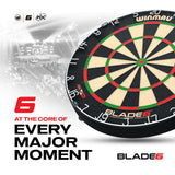 Dartboard with 'Blade 6' branding on a white background