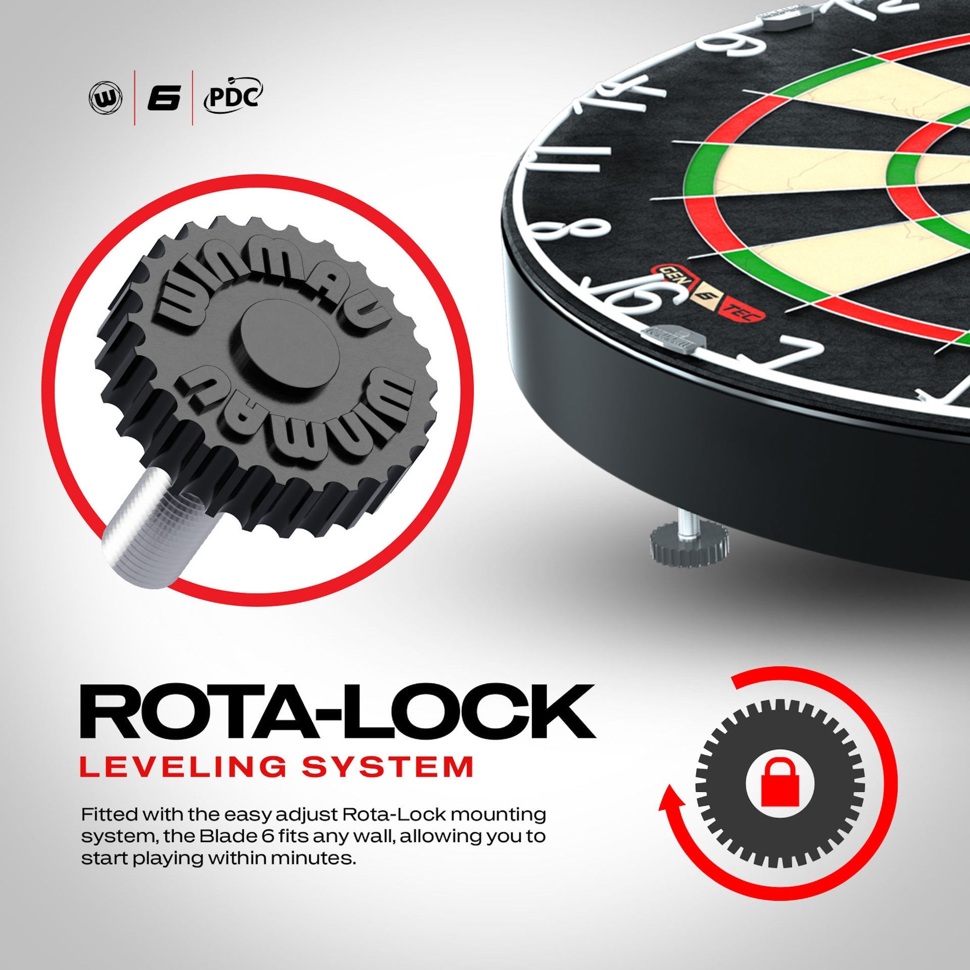 Dartboard with Rota-Lock leveling system on a gray background