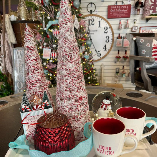 23.75" Glittered White & Red Twine Trees (Set of 3) room setting