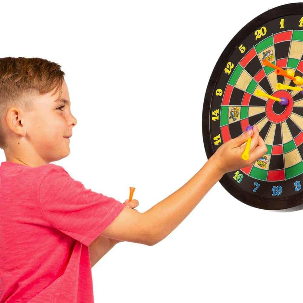 Child playing with Doinkit® Darts magnetic dart board, safe and fun for all ages