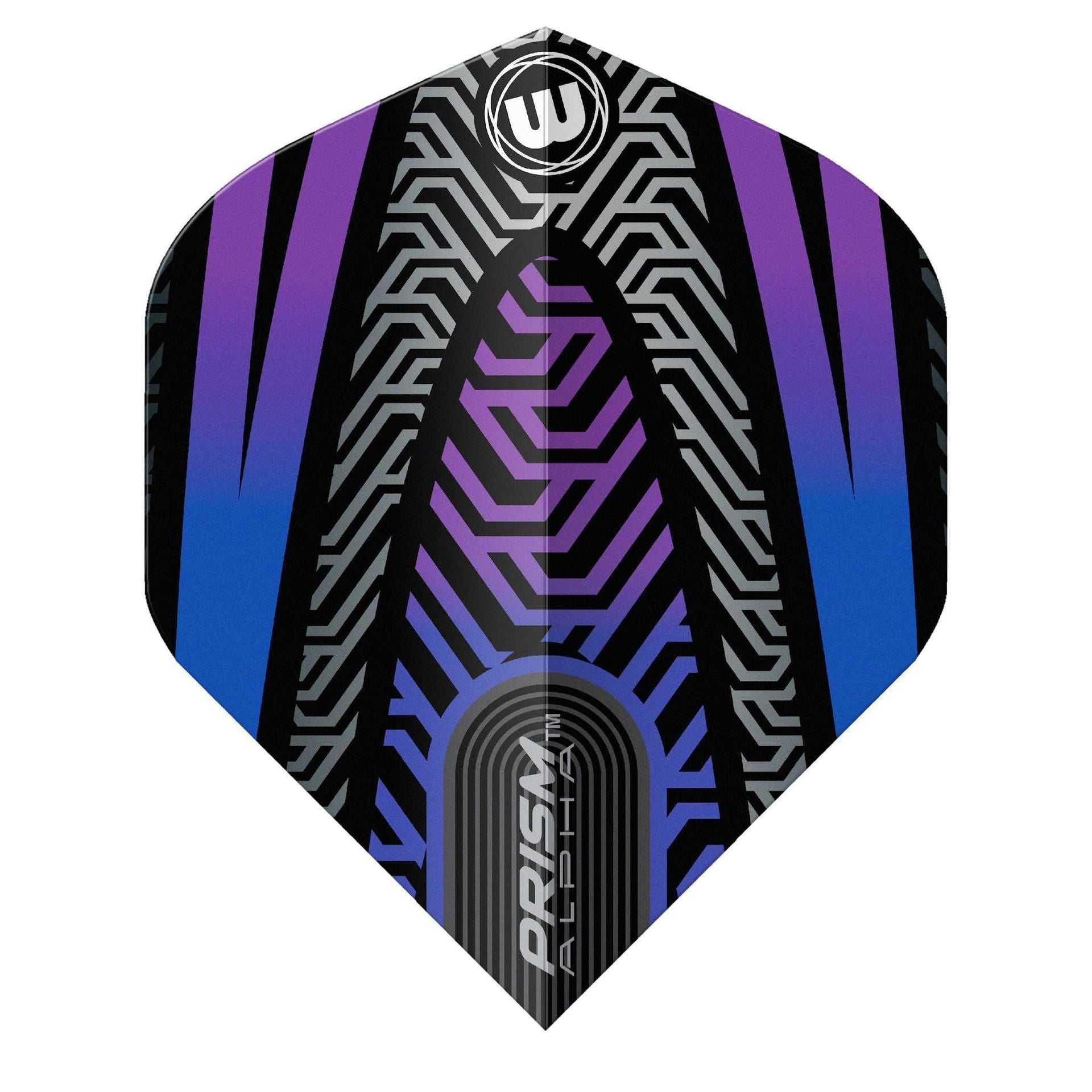 Prism Alpha Standard Flights dart flight with purple and blue geometric design and durable translucent material