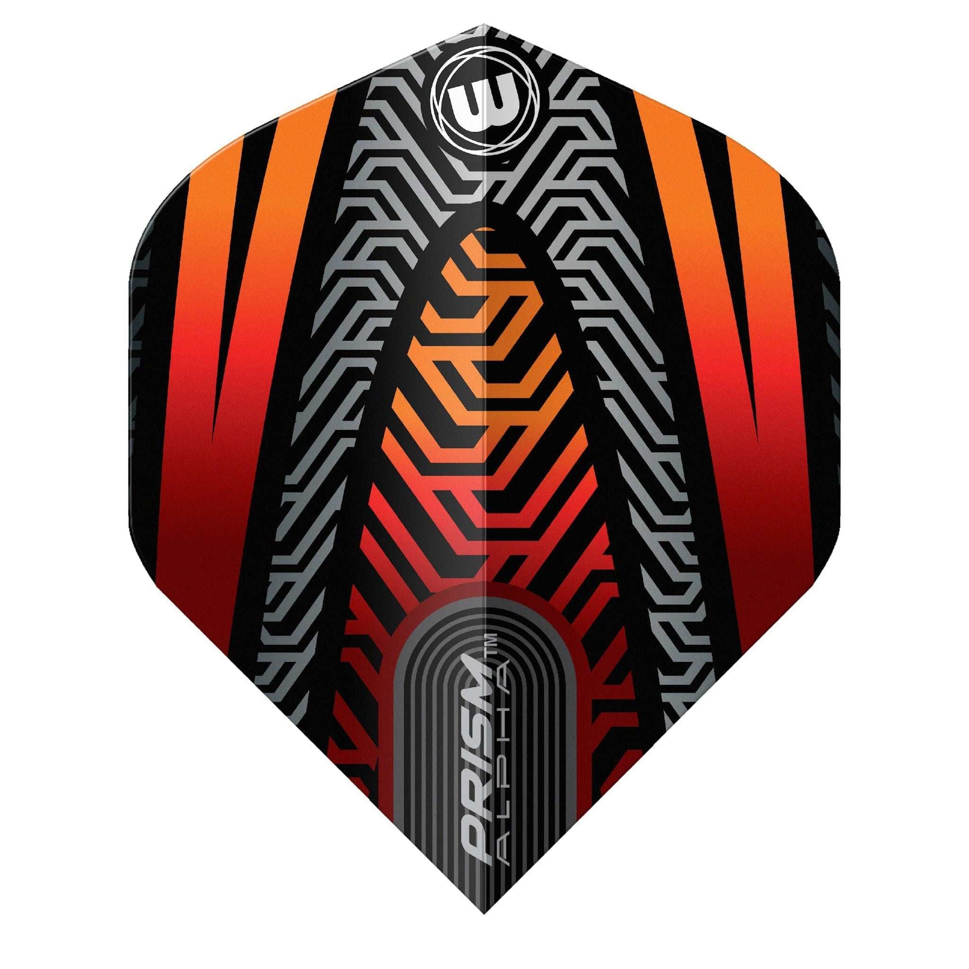Prism Alpha Standard Flights dart flight with orange, black, and gray geometric pattern, made from durable Prism-UV material for airflow efficiency.