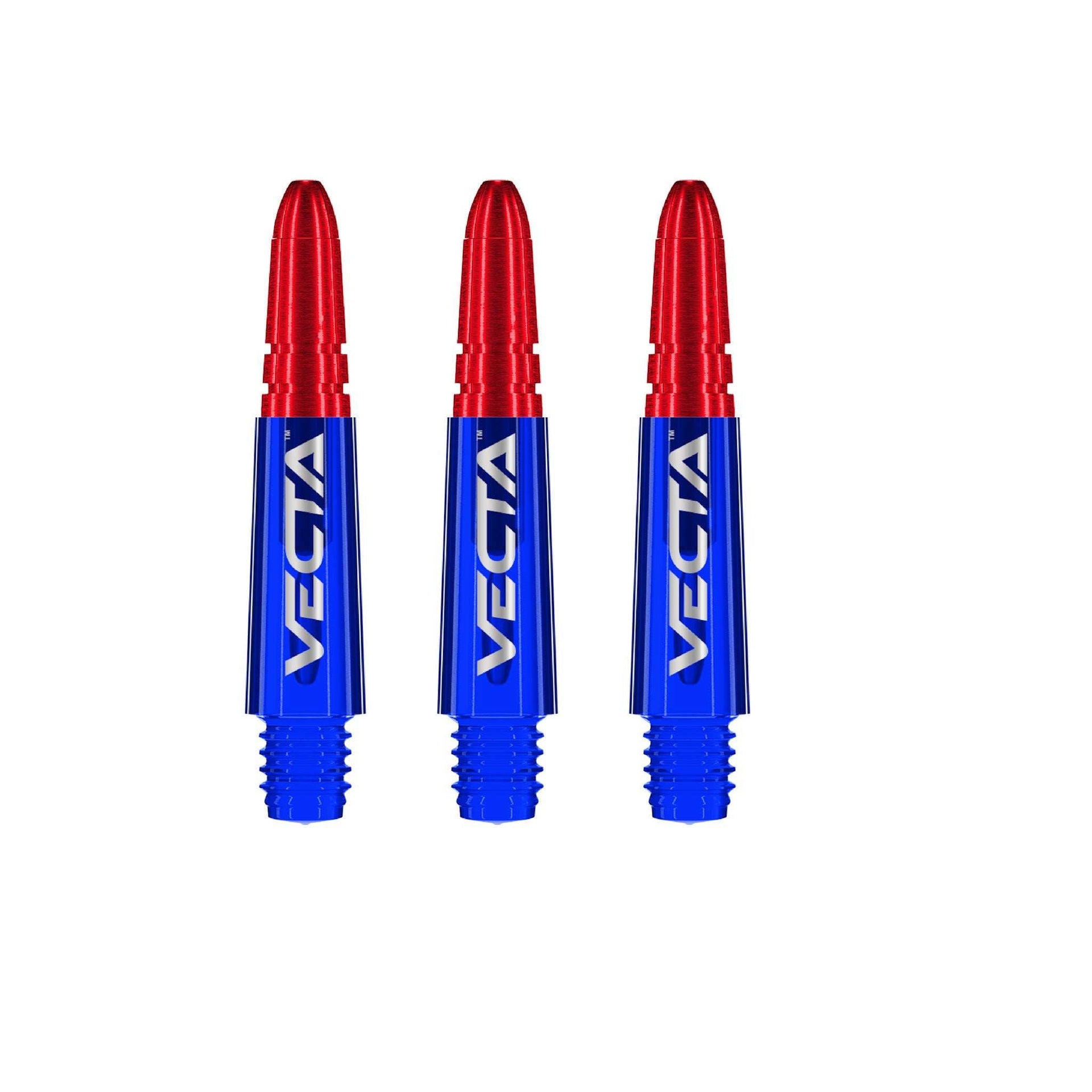 Vecta Nylon Shafts set of three red and blue composite dart shafts with deep slots for flight retention