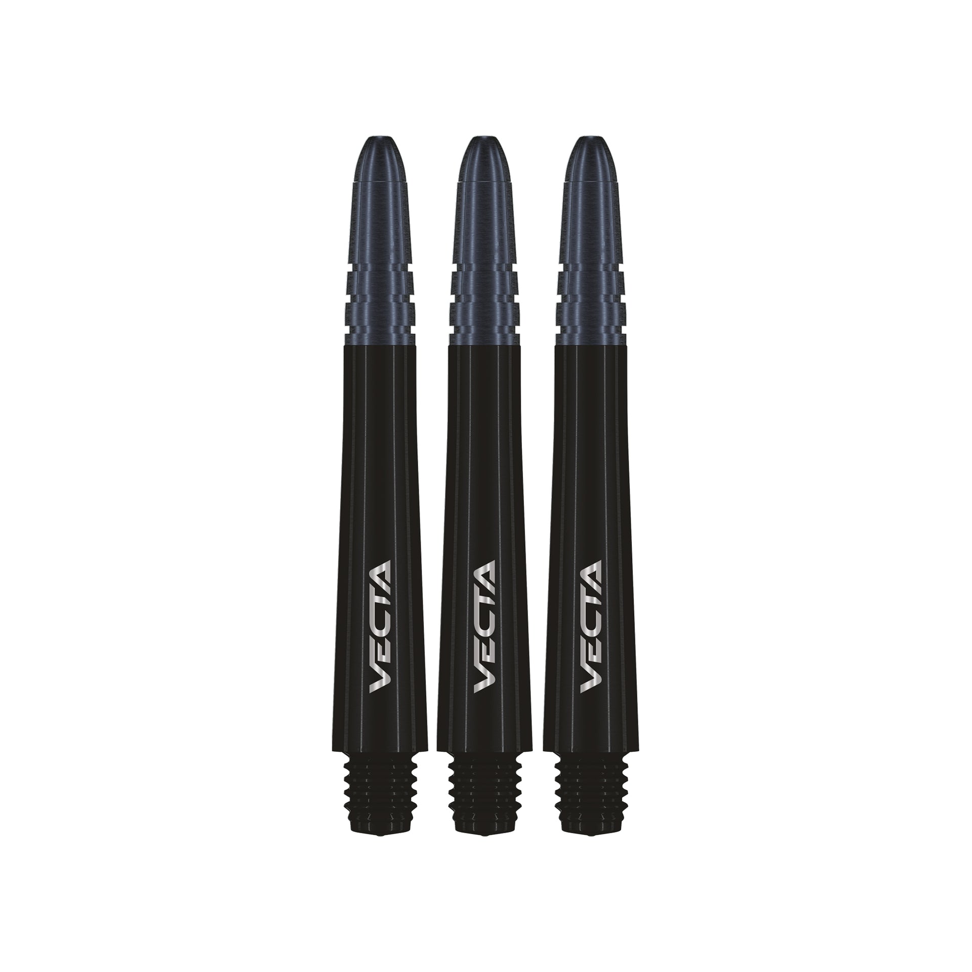 Three black dart shafts with 'Vecta' branding on a white background