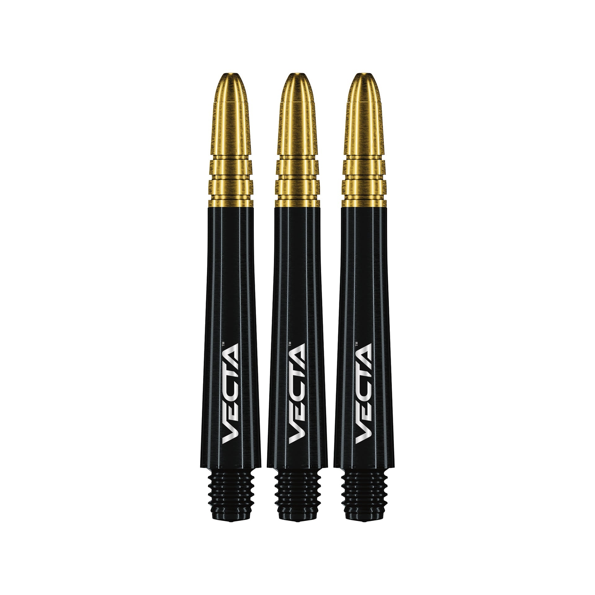 Three black dart shafts with gold tips labeled 'Vecta' on a white background