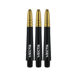 Three black dart shafts with gold tips labeled 'Vecta' on a white background
