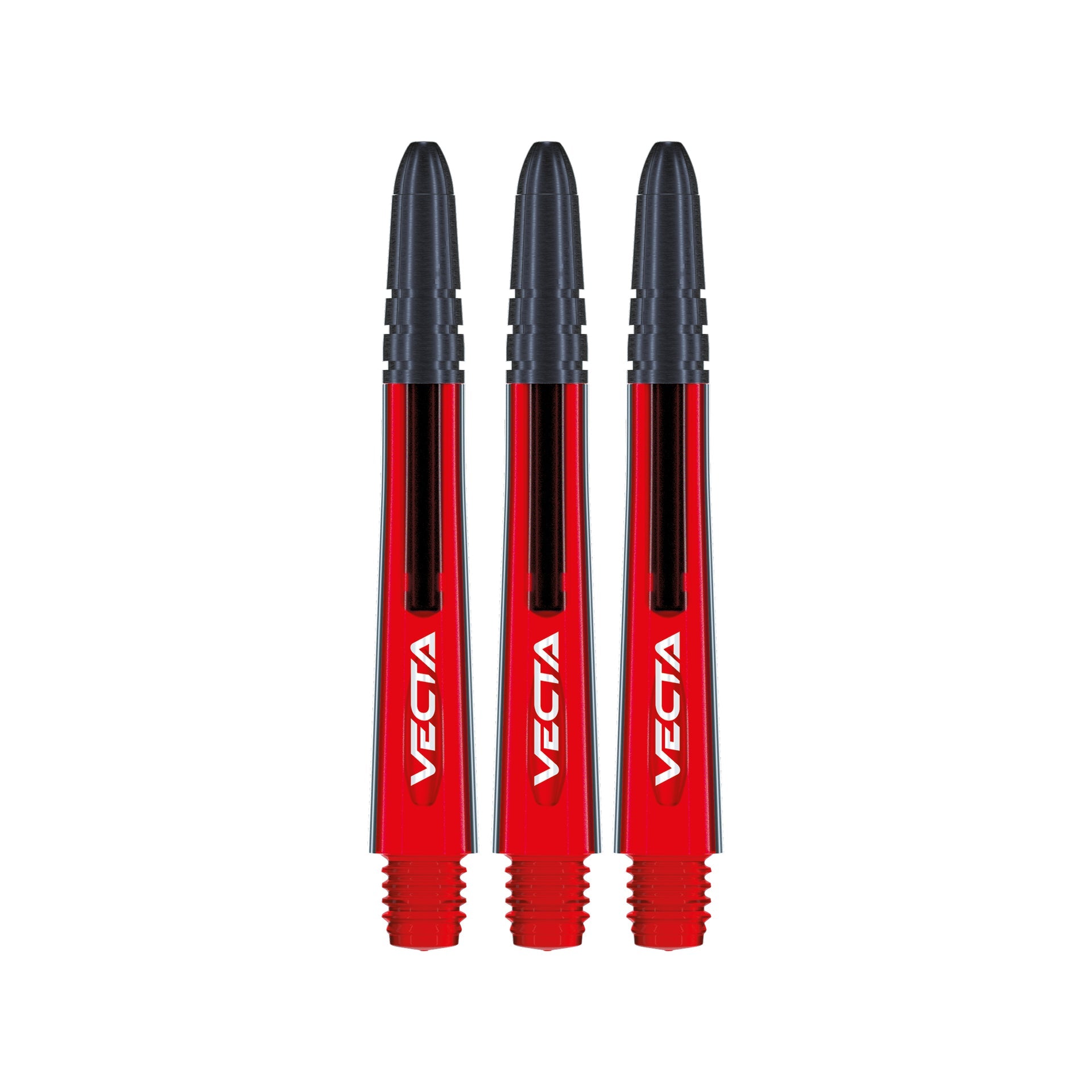 Three red and black Vecta dart shafts on a white background