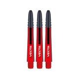 Three red and black Vecta dart shafts on a white background