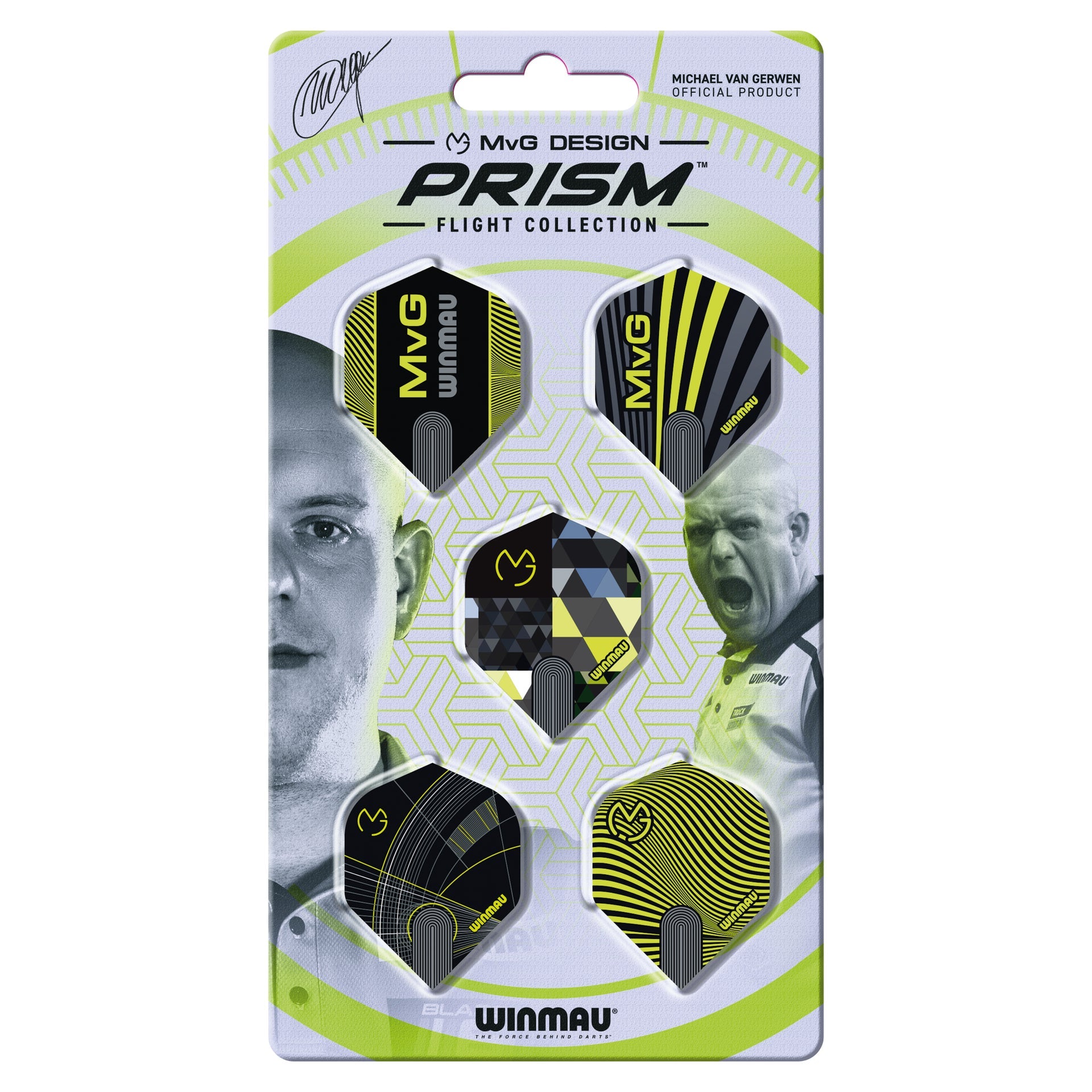 Packaged MVG Design Prism dart flights with Winmau branding on a white background