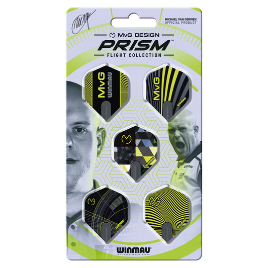 Packaged MVG Design Prism dart flights with Winmau branding on a white background
