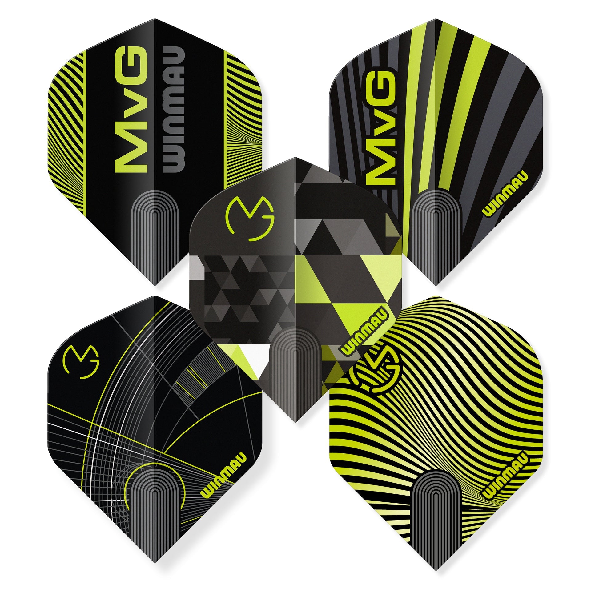 Black and yellow MVG Winmau dart flights on a white background